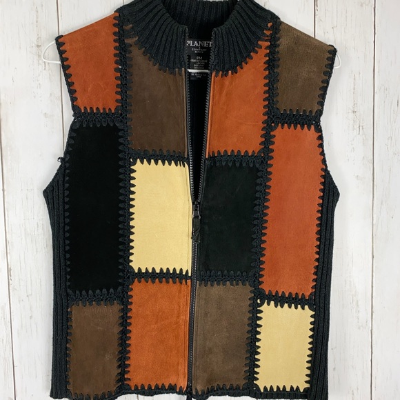 Planet & Company Suede Leather Sweater Zip Vest Colorblock Patchwork Sz M Petite - Picture 4 of 10